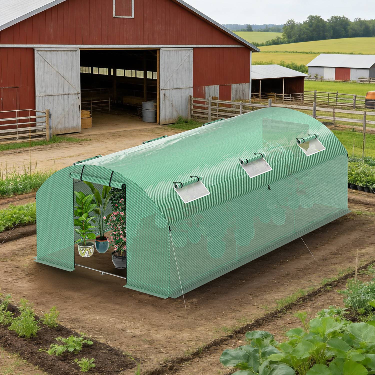 300x600x200 cm Foliengewächshaus Winterfest mit verstärktem Stahlgestell, 6 Fenster & 2 Türen, 140g/m² PE UV-beständig, Tomaten Gewächshaus mit