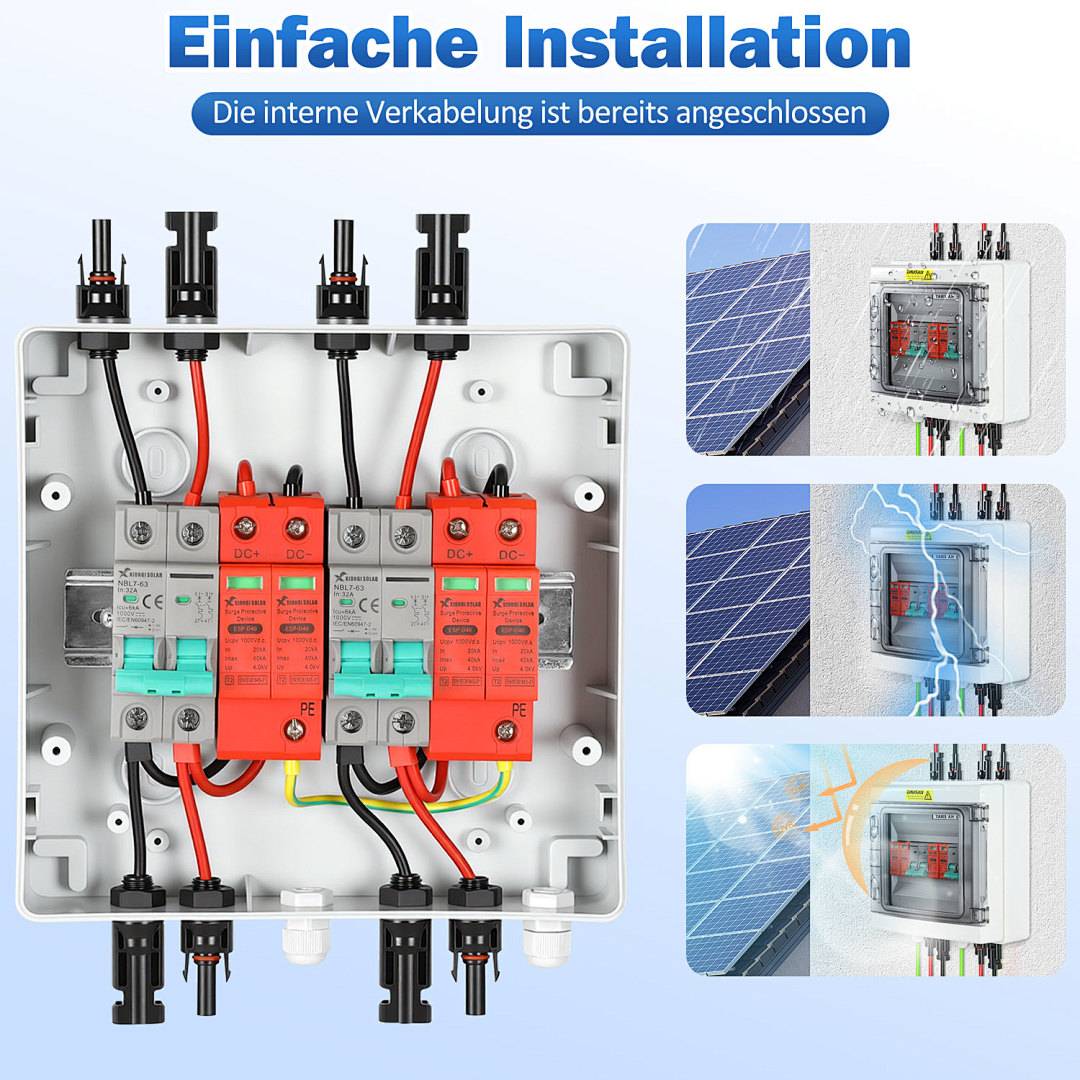 Solar Anschlusskasten Überspannungsschutz PV Photovoltaik Blitzschutz Trennschalter Anlage LS Solarpanel DC 2-strings