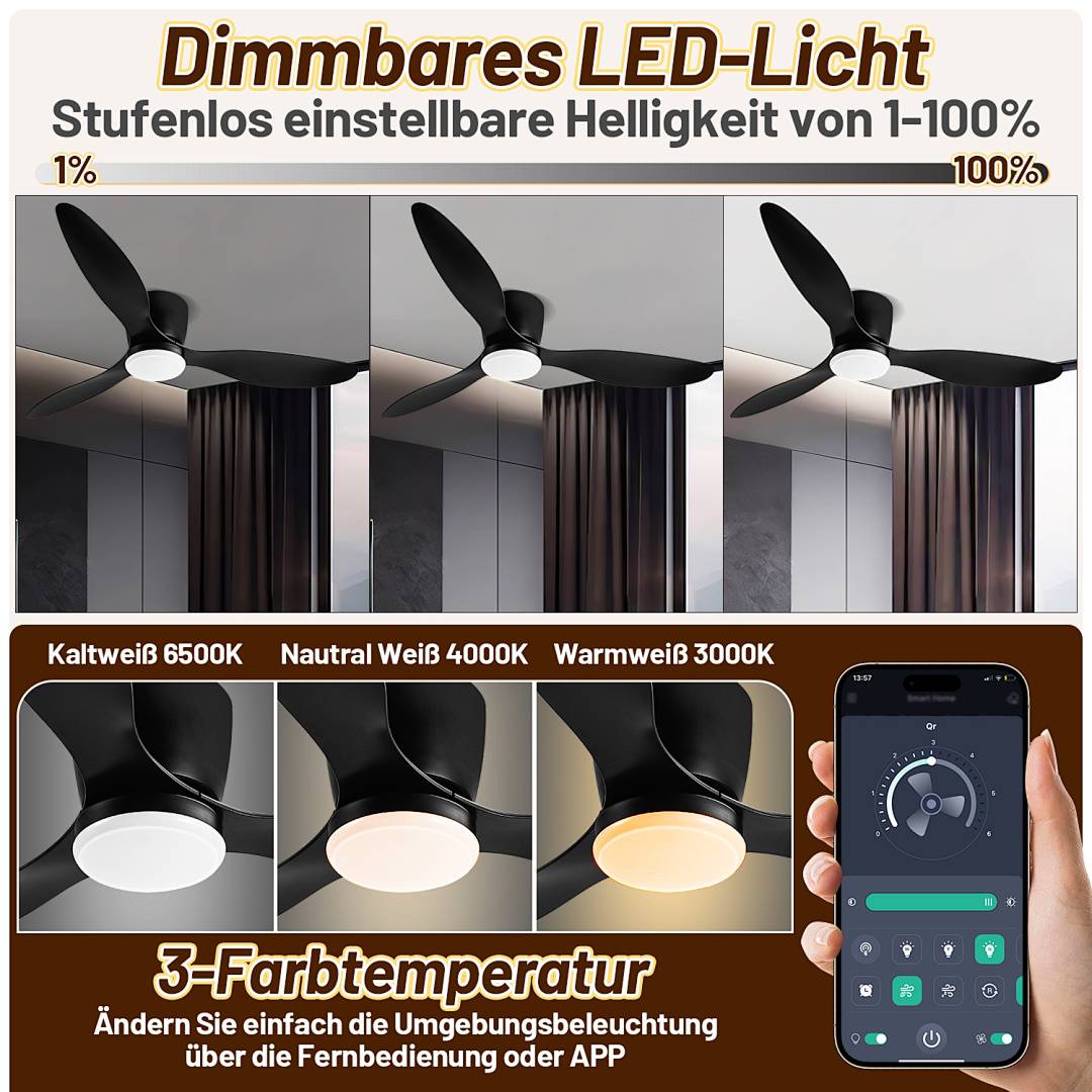 Deckenventilator LED Deckenlampe Ventilator mit Beleuchtung Fernbedienung Schlafzimmer Lüfter mit Fernbedienung Dimmbar