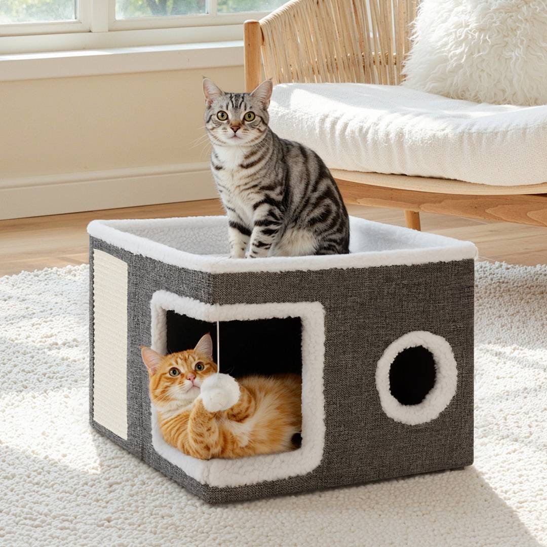 Katzenbetten Katzenhöhle Faltbar mit Kratzbrett & Spielball Katzenbett 2 Etagen Katzenbox waschbarem Kuschelhöhle