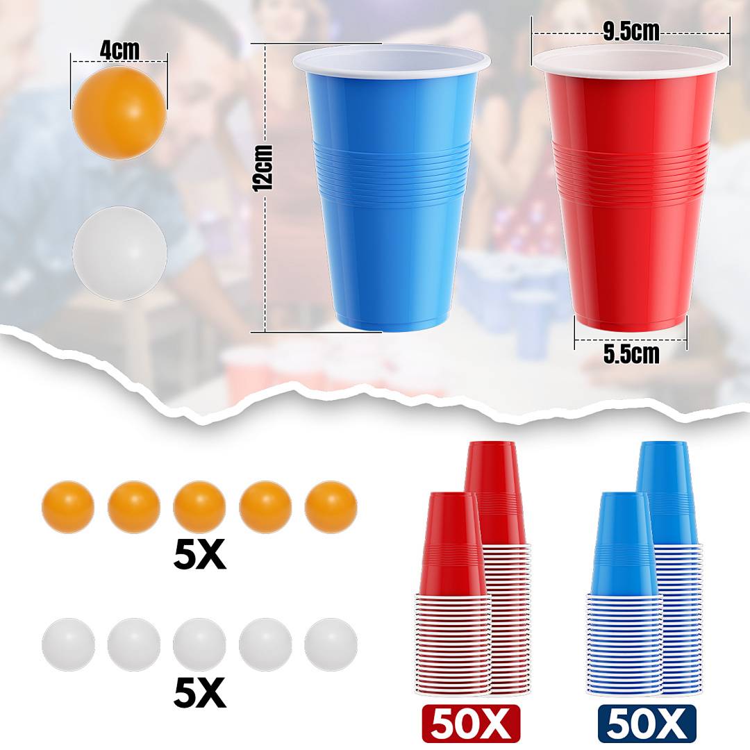 Bierpong Becher Set 100er, 50 Rot/Blau Beer Pong Becher Party Trinkspiel mit 10 Bällen Partybecher Trinkbecher 500ml/16.91oz