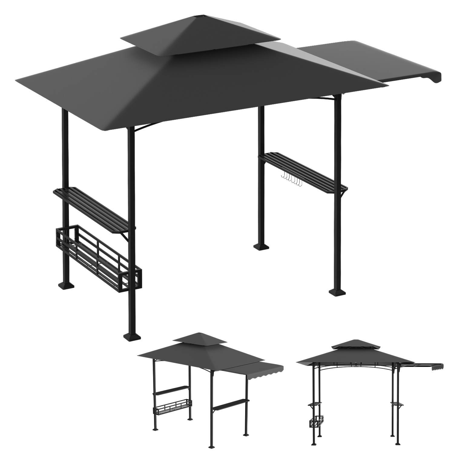 Grillpavillon wetterfest, Grillüberdachungen mit Seitenmarkise, Doppeldach, Seitenregalen, Haken & Flaschenöffner 238 x 148 x 250 cm,Grau