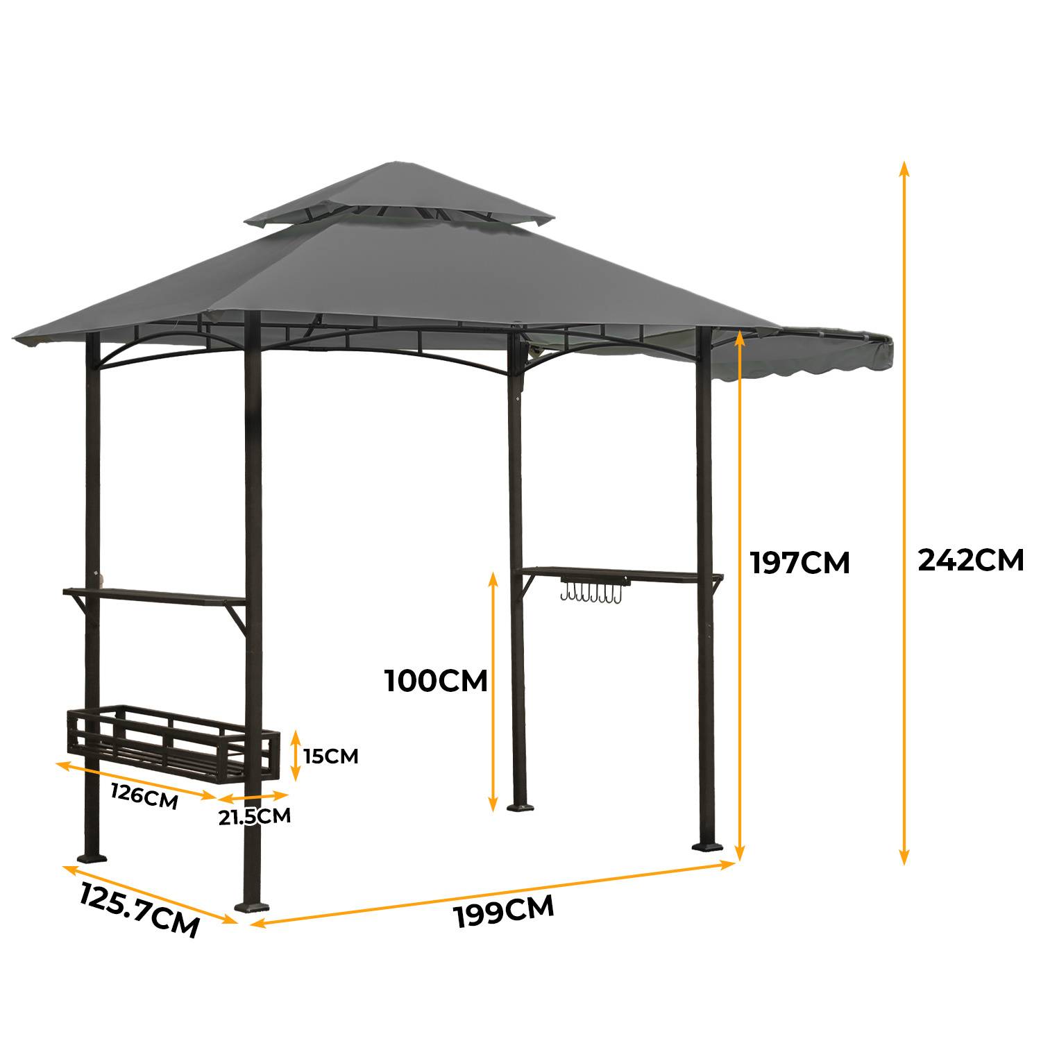 Grillpavillon wetterfest, Grillüberdachungen mit Seitenmarkise, Doppeldach, Seitenregalen, Haken & Flaschenöffner 238 x 148 x 250 cm,Grau