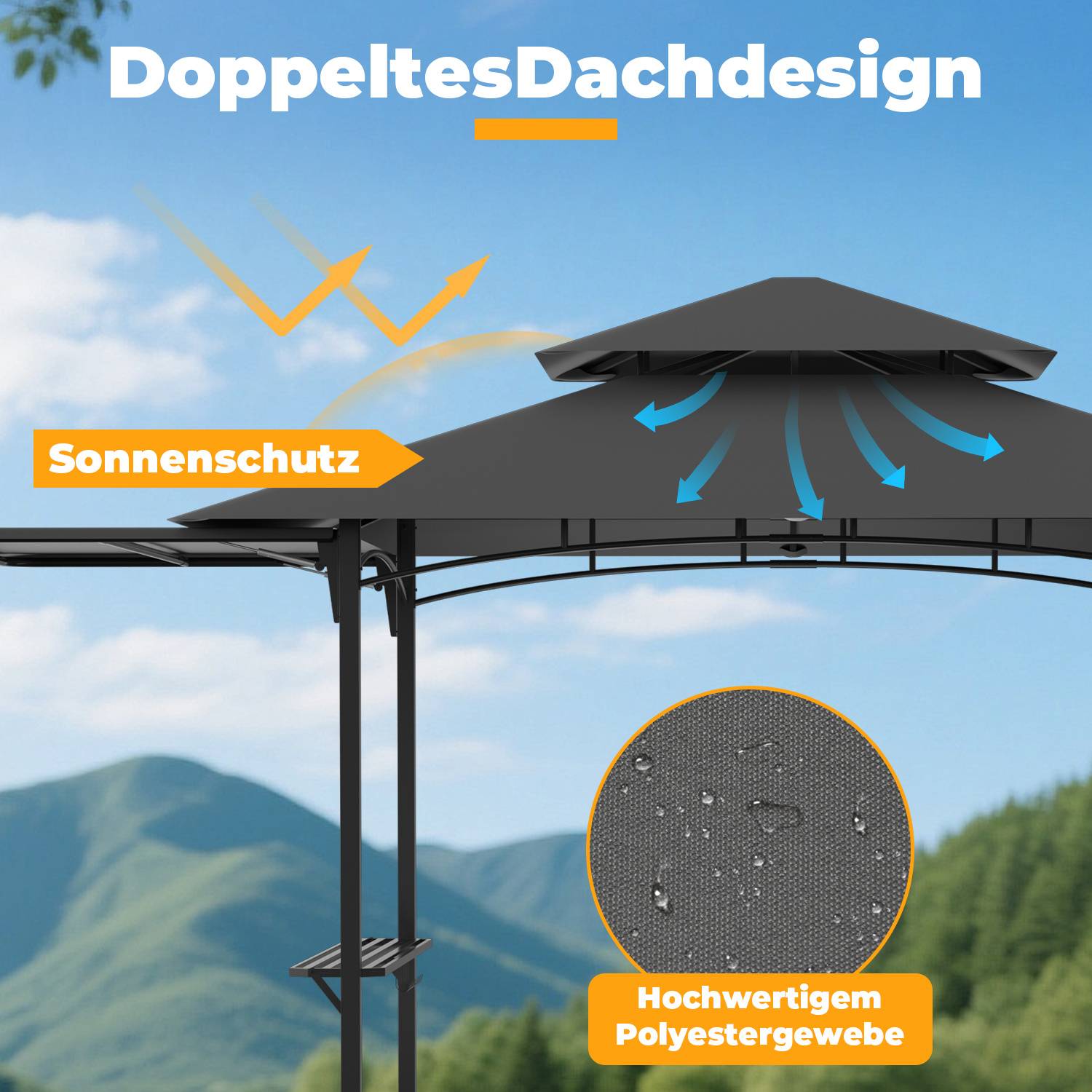 Grillpavillon wetterfest, Grillüberdachungen mit Seitenmarkise, Doppeldach, Seitenregalen, Haken & Flaschenöffner 238 x 148 x 250 cm,Grau