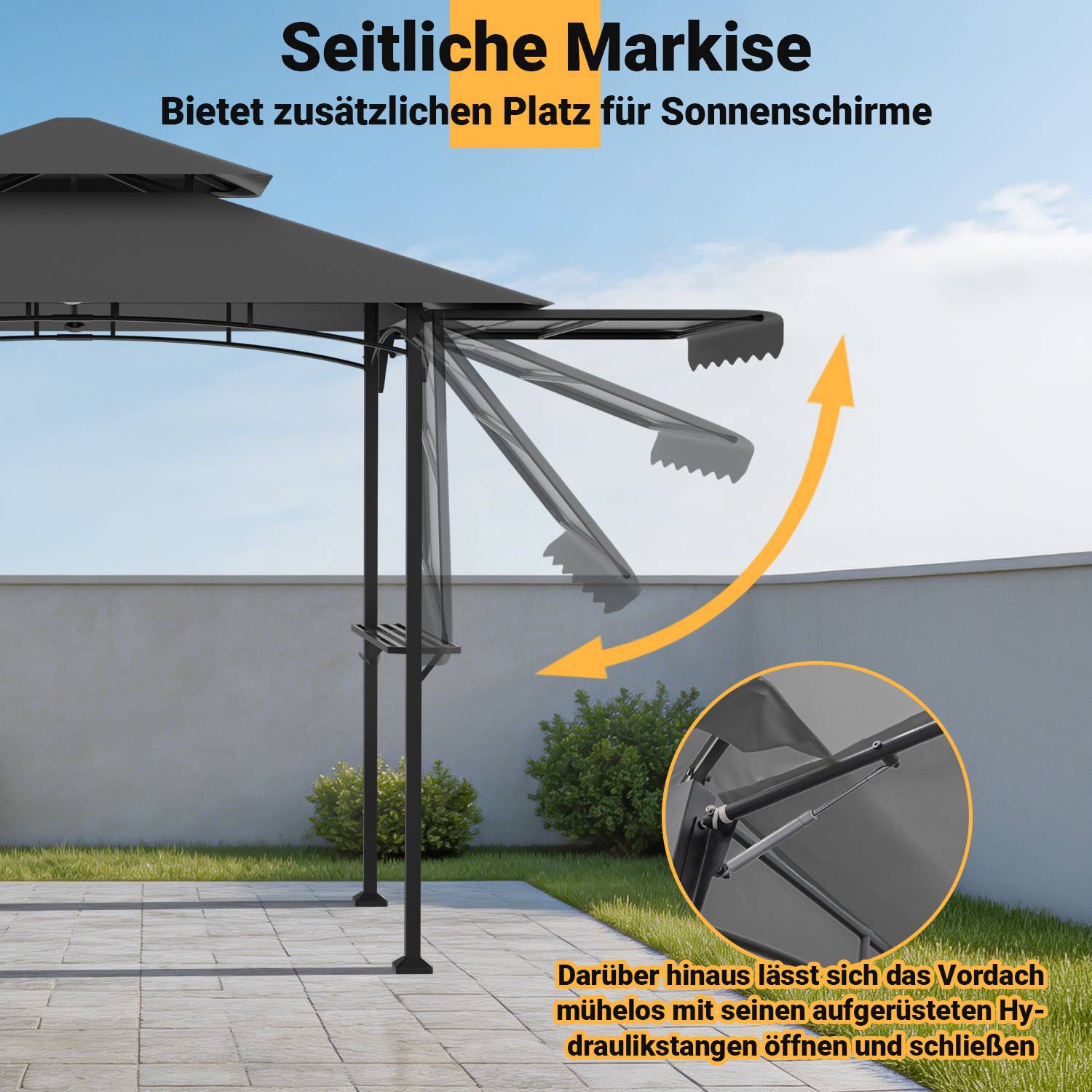 Grillpavillon wetterfest, Grillüberdachungen mit Seitenmarkise, Doppeldach, Seitenregalen, Haken & Flaschenöffner 238 x 148 x 250 cm,Grau
