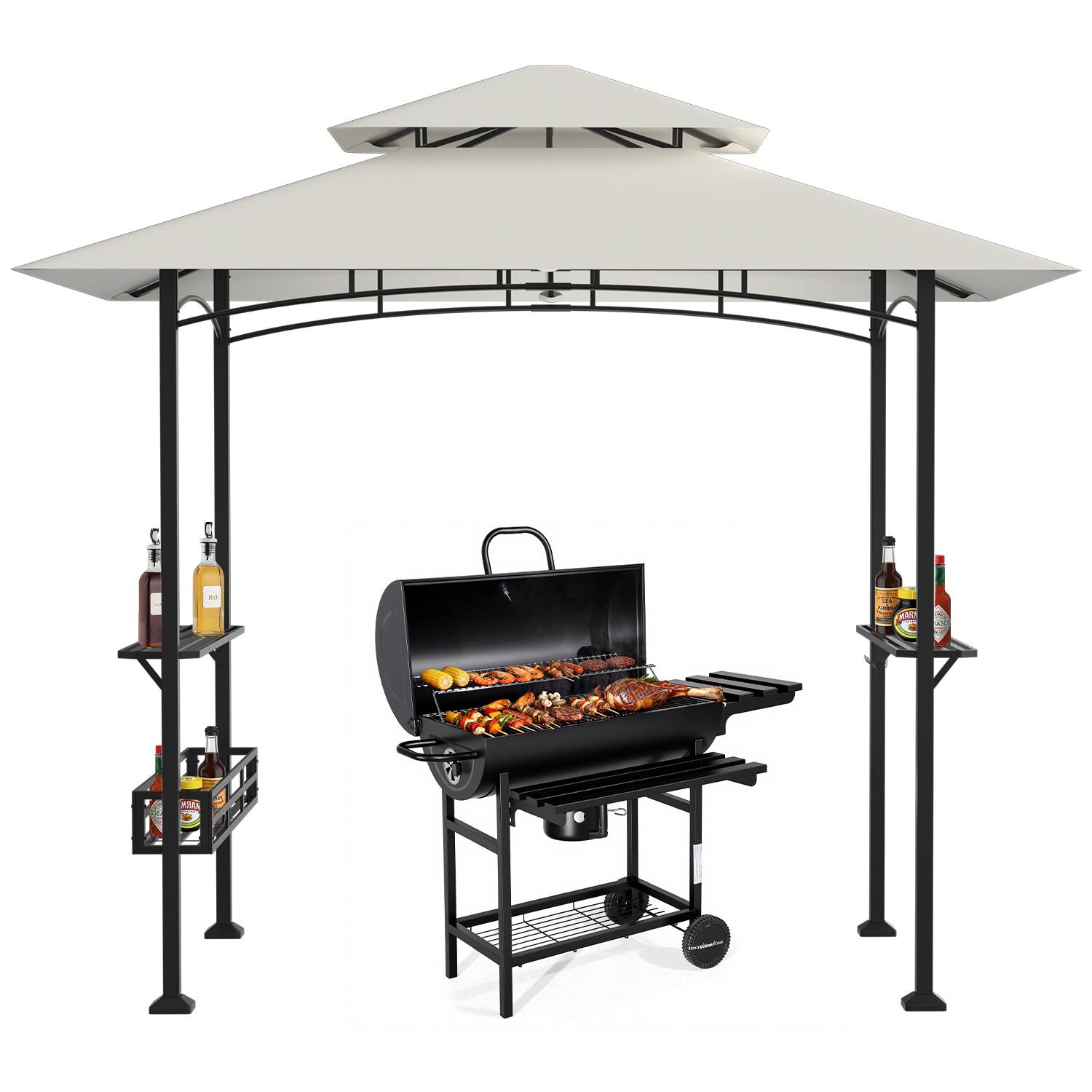 Grillpavillon mit Doppeldach, Seitenregalen, Metallkorb, Haken und Flaschenöffner, Grillüberdachungen wetterfest, Grillunterstand für Garten, Auße