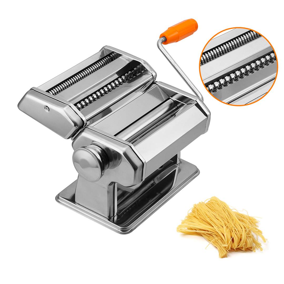 Nudelmaschine Edelstahl, 2 Klingen 9 Dicken, manuell, für Lasagne Tagliatelle, Silber