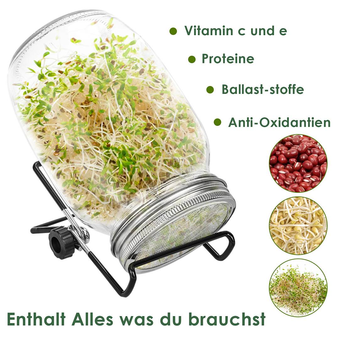 Sprossenglas 2x1000ml mit Edelstahlsieb, Ständer und Schale, hygienisch & spülmaschinenfest