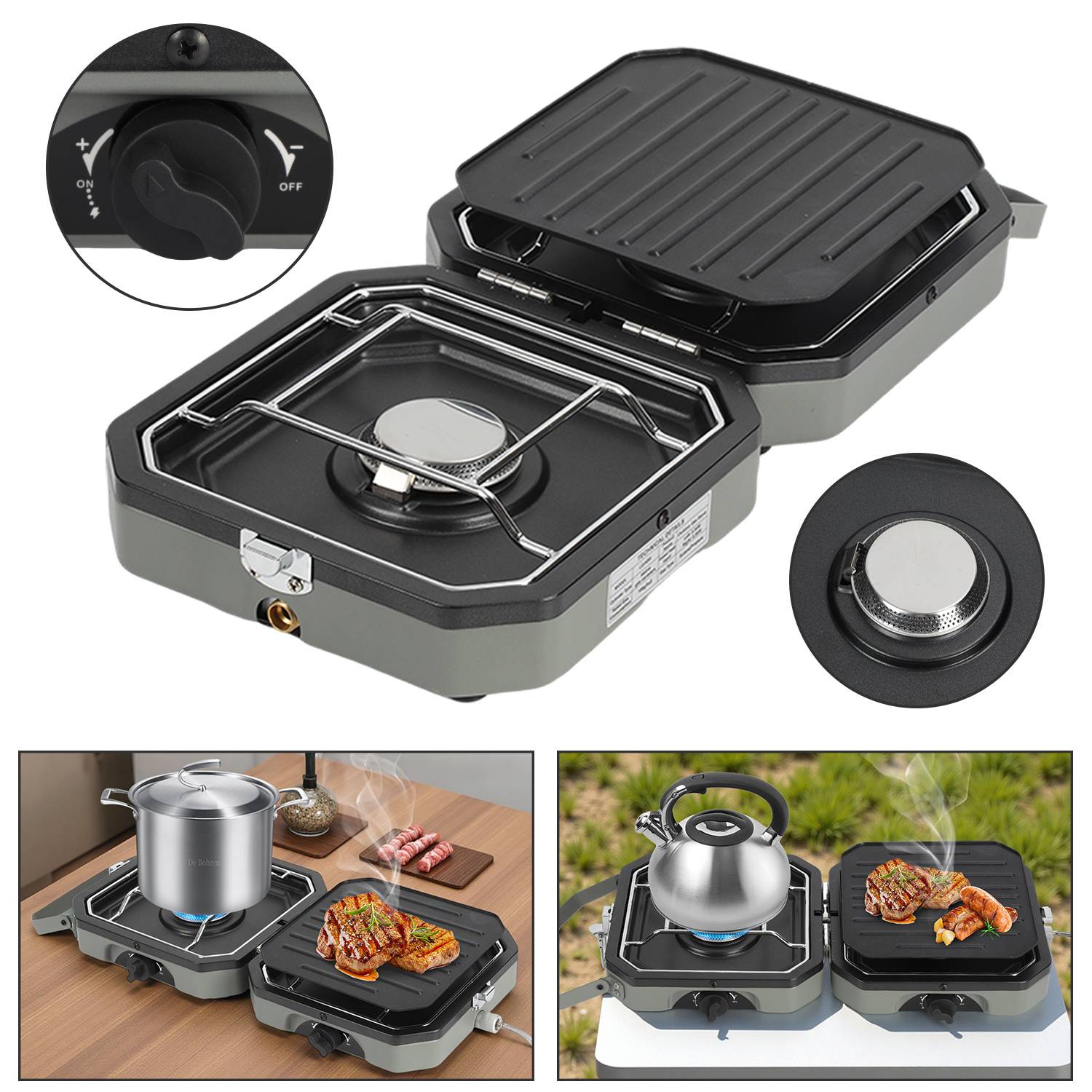 Campingkocher 2in1 Camping-Kocher Faltbarer Gasgrill Kocher Camping Herd Outdoor Gaskartuschen