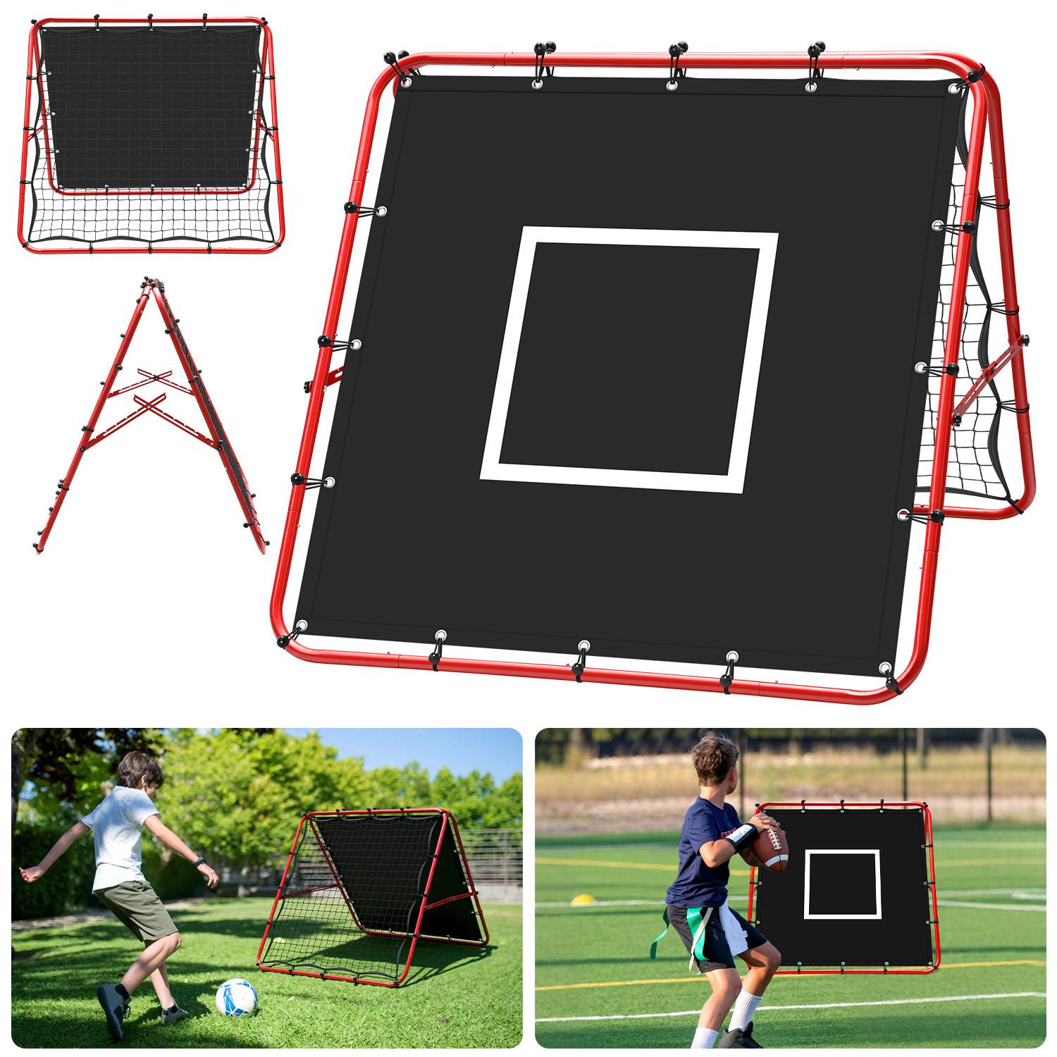 Doppelseitiges Fußball-Rückprallnetz 120 x 120 cm mit 420D-Zielplane, verstellbarer Winkel, klappbar, Trainingsnetz für Garten und Fußballtraining