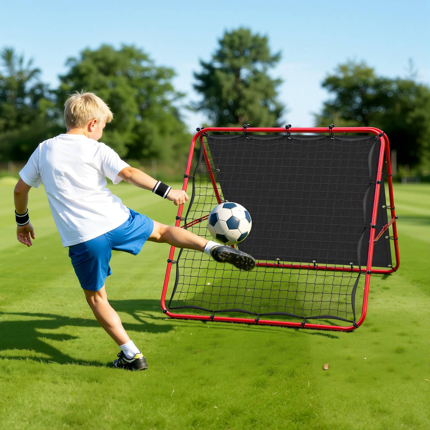 2er Set doppelseitiges Fußball-Rückprallnetz 120 x 120 cm mit 420D-Zielplane, verstellbarer Winkel, klappbar, Trainingsnetz für Garten und Fußball