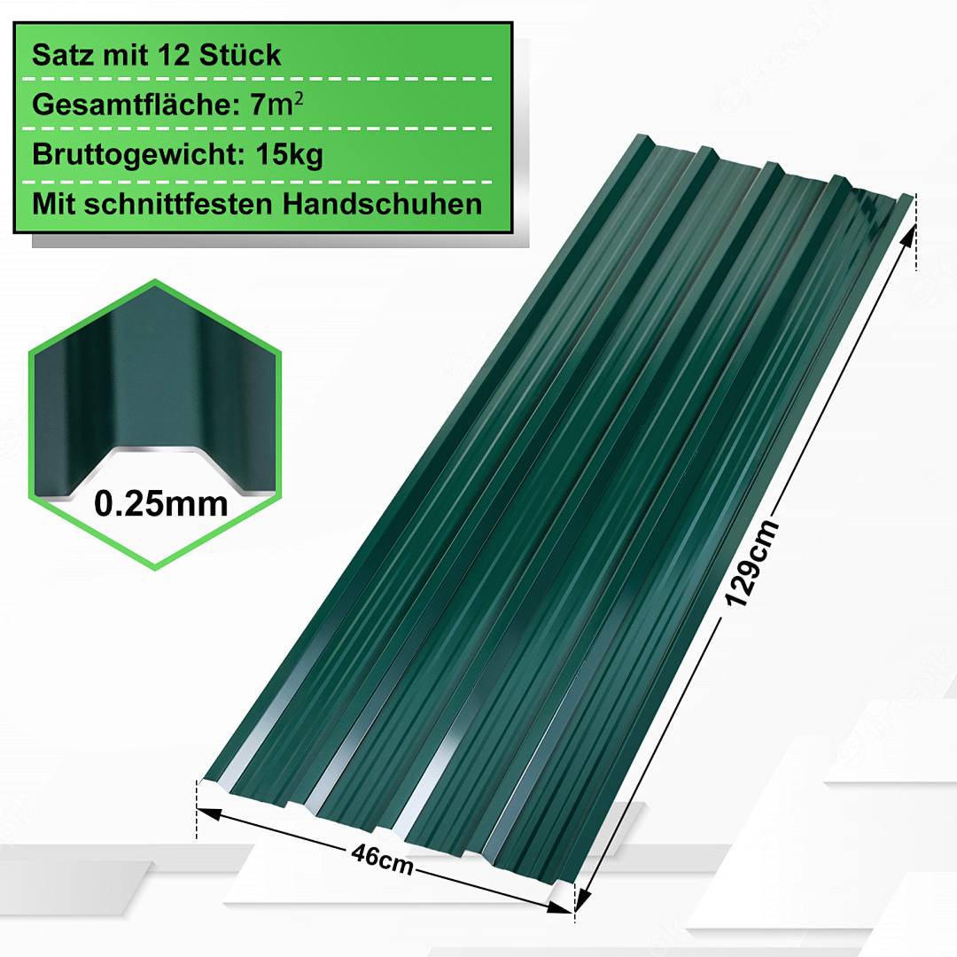 12x Trapezblech Metall Dachplatten für 7.12 m², Stahlblech Profilblech für Carports, Gerätehäuser und Dächer, Wellenprofil Dachblech - Grün