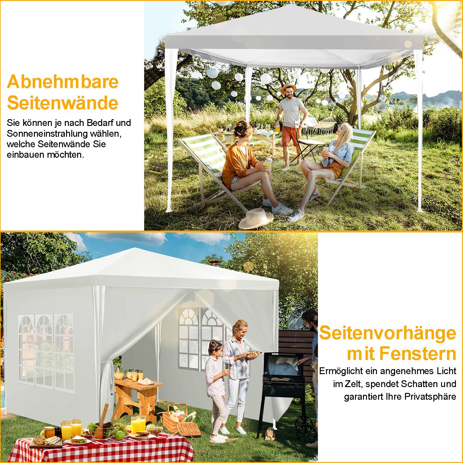 3 x 3 m Garten Pavillon mit 4 Seitenteilen tragbares wasserdichtes Zelt, weiß für Camping / Garten / Hochzeit / Strand