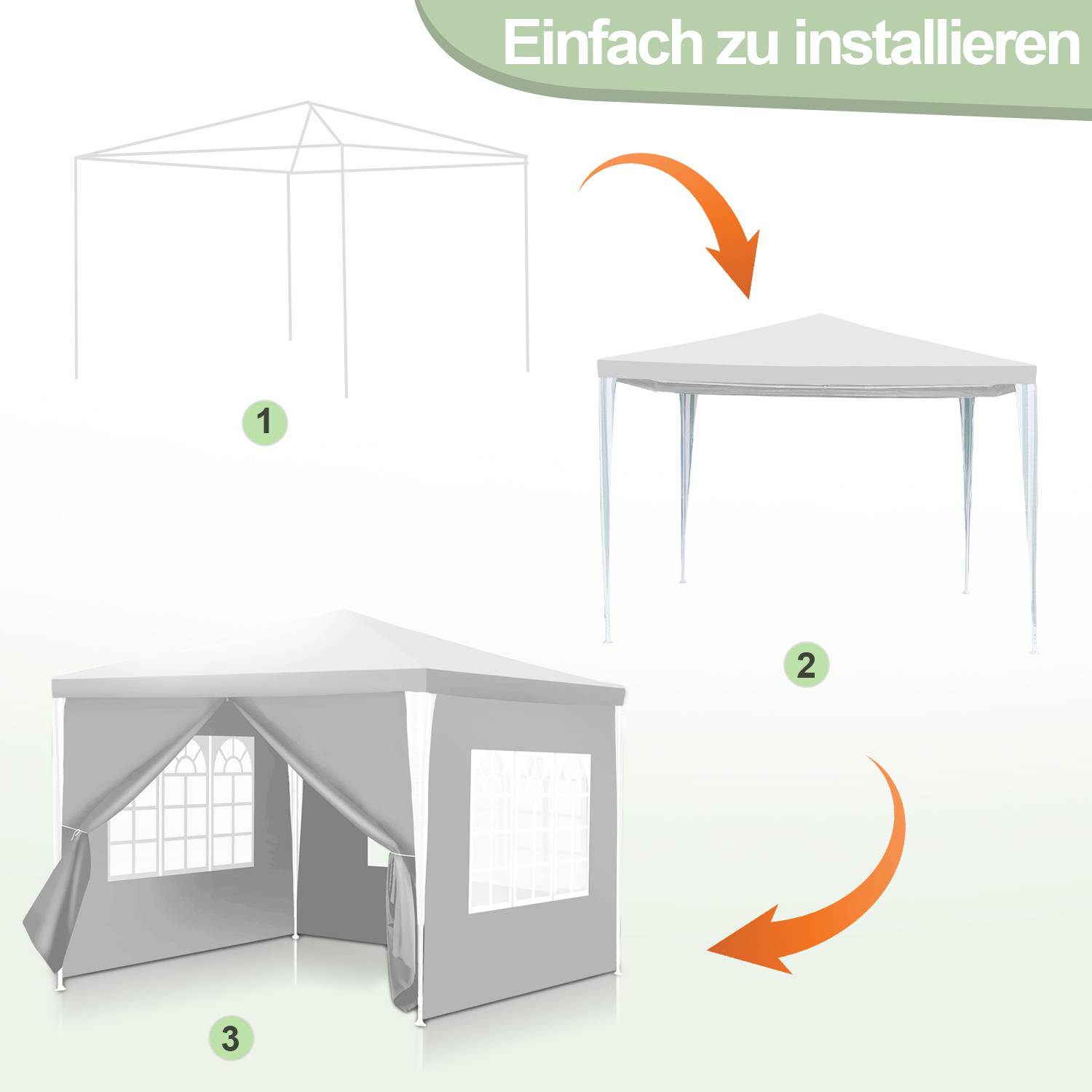 3 x 3 m Garten Pavillon tragbares wasserdichtes Zelt mit Seitenteilen, weiß für Camping / Garten / Hochzeit / Strand