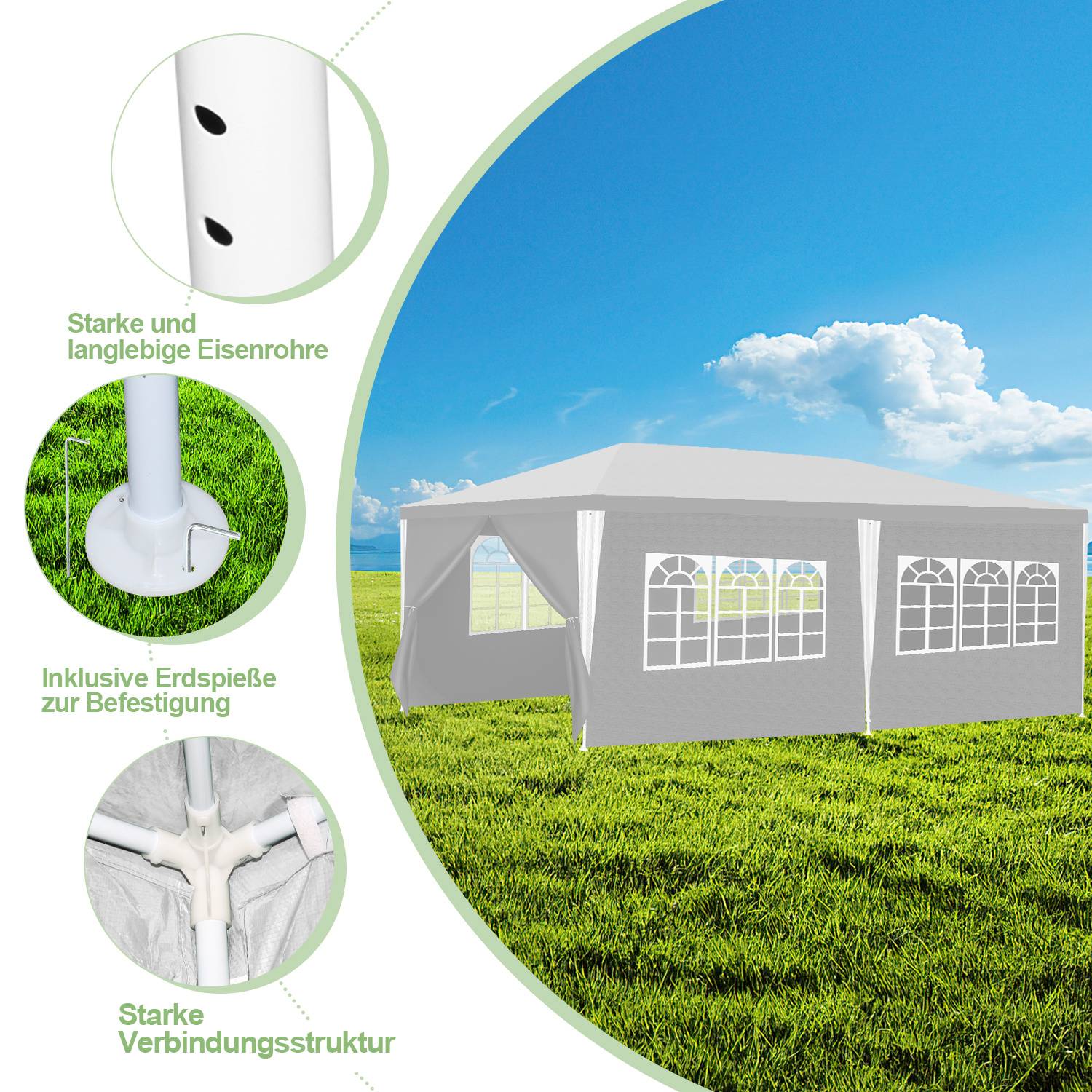 3 x 6 m Garten Pavillon tragbares wasserdichtes Zelt mit Seitenteilen, weiß für Camping / Garten / Hochzeit / Strand