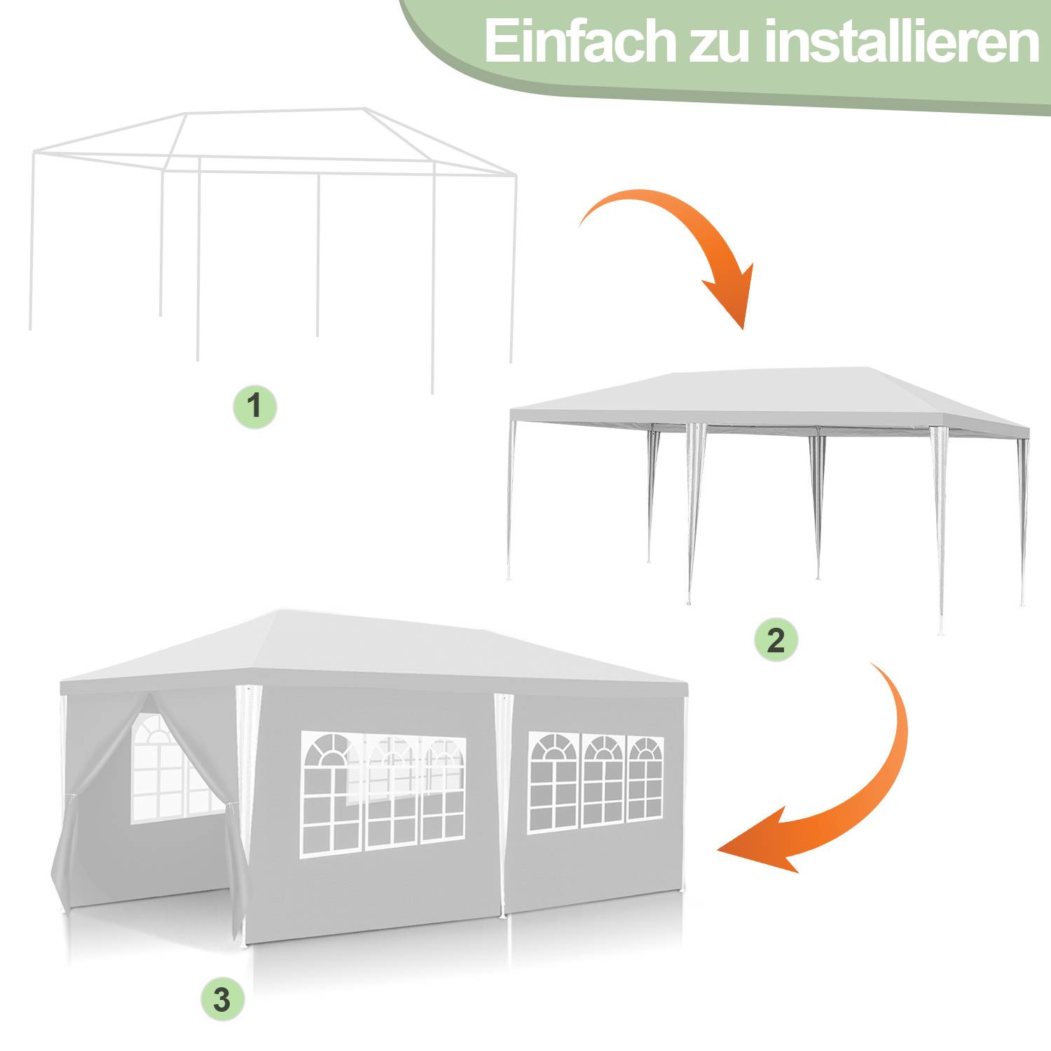 3 x 6 m Garten Pavillon tragbares wasserdichtes Zelt mit Seitenteilen, weiß für Camping / Garten / Hochzeit / Strand