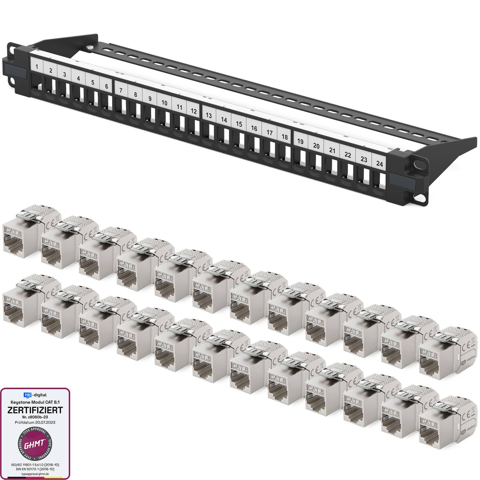 hb-digital Patchpanel 19 zoll 24-Port mit CAT 8.1 RJ45 Keystone Module schwarz 1HE