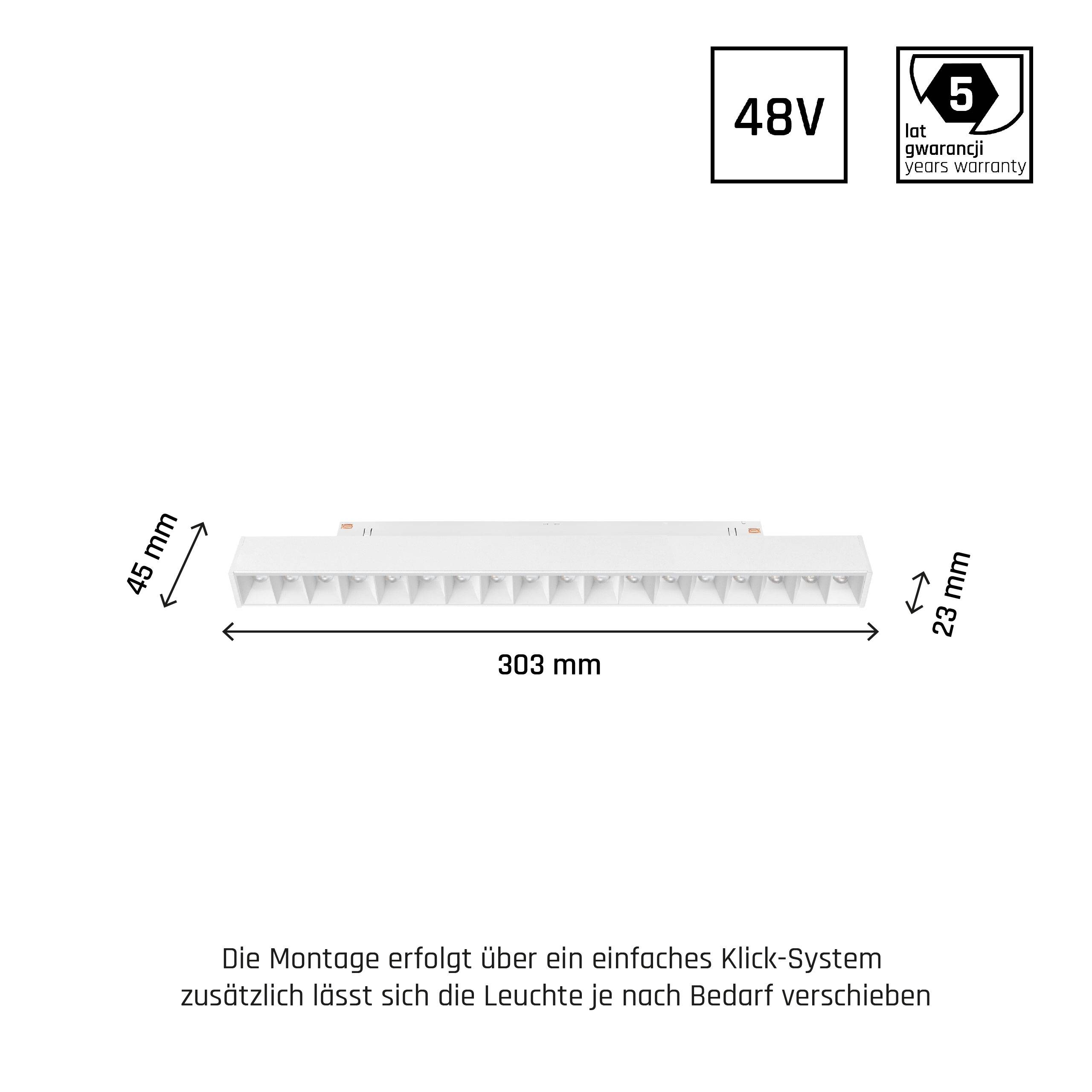 48V LED Schienenleuchte Smart Grid L 22W – Weiß, 440mm, UGR<19, CCT & Dimmbar, Zigbee/Hue