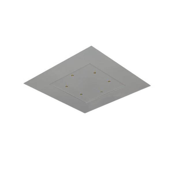 Graues quadratisches Deckenlukenfeld mit kleinerer Einlassabdeckung und sichtbaren Schraubenpunkten, auf weißem Hintergrund dargestellt.