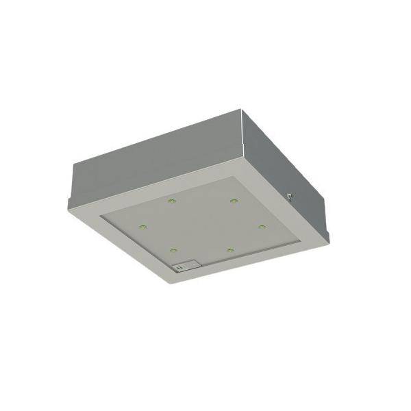 Unteransicht einer quadratischen grauen Deckenleuchte mit sechs kleinen LED-Leuchten auf weißem Hintergrund.