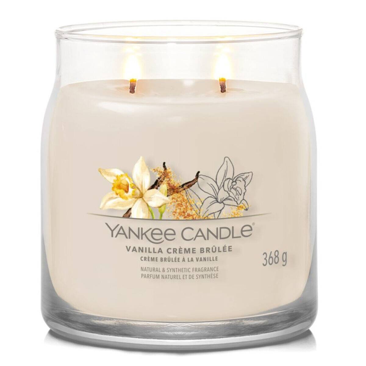 Yankee Candle Vanille-Crème-Brûlée Duftkerze im Glas, 368 g, in einem klaren Glasbehälter mit zwei Dochten und floralem Etikett.
