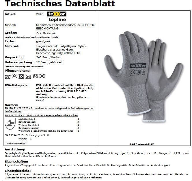 teXXor 2413 Schnittschutz-Strickhandschuhe grau PU-beschichtet Gr8 12-Paar
