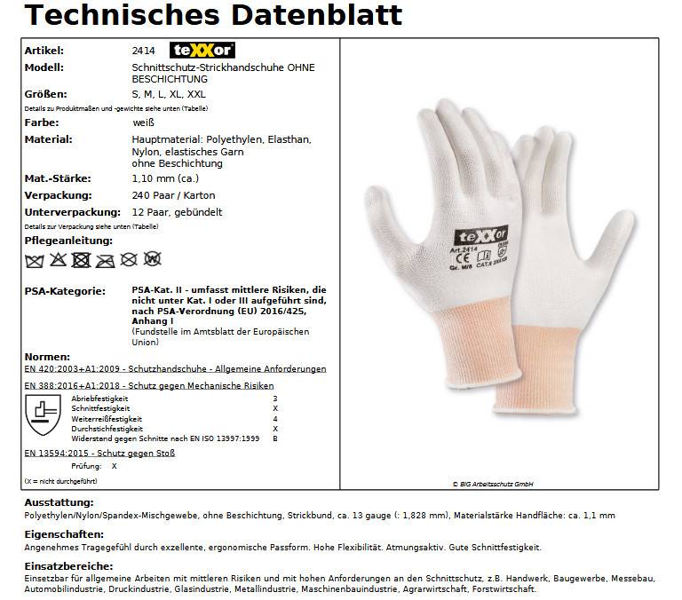 teXXor 2414 Schnittschutz-Strickhandschuhe unbeschichtet weiß Gr9 12-Paar
