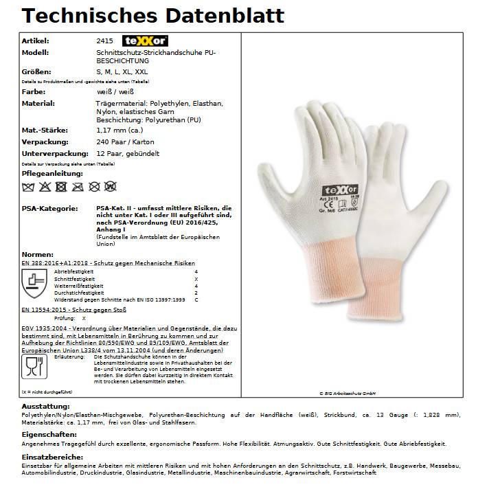 teXXor 2415 Schnittschutz-Strickhandschuhe PU-beschichtet weiß flexibel Gr9 12-Paar