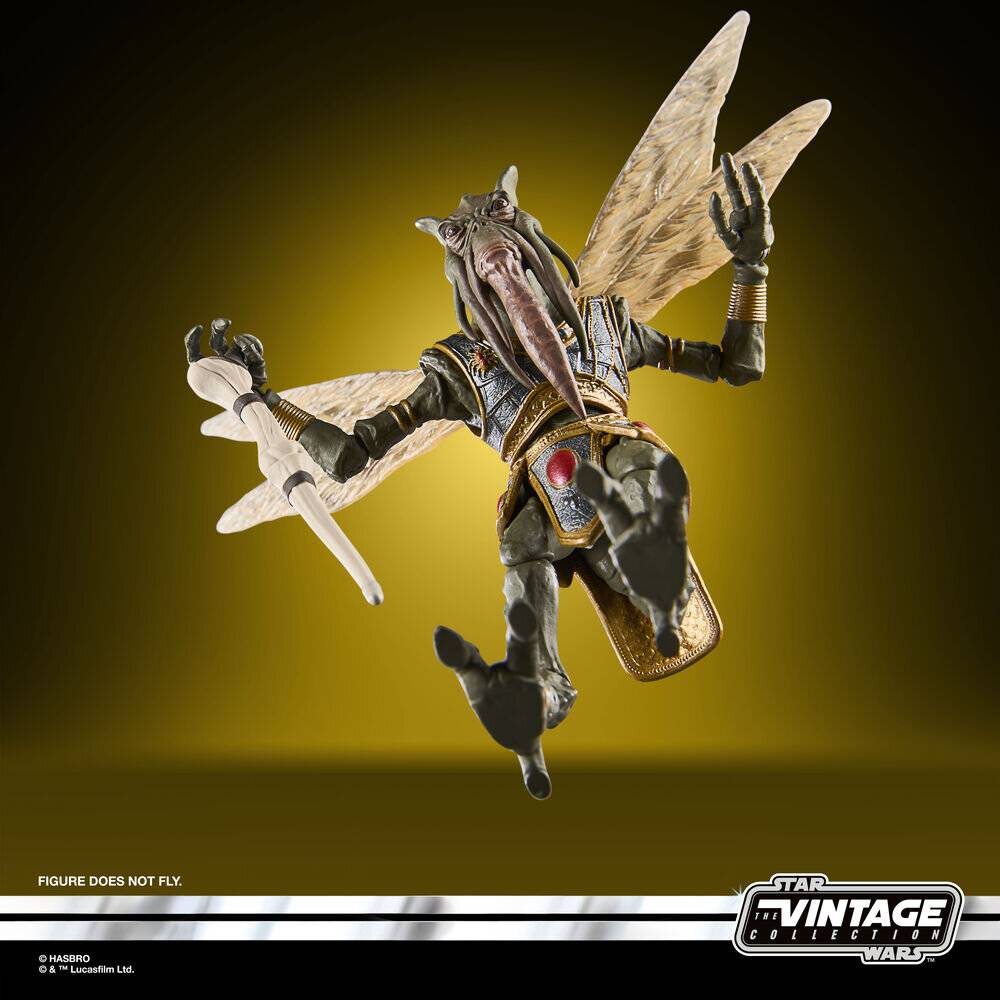 Star Wars Vintage Collection Actionfigur eines geflügelten insektenähnlichen außerirdischen Bösewichts in einer fliegenden Pose, mit Text „DIESE FIGUR FLIEGT NICHT