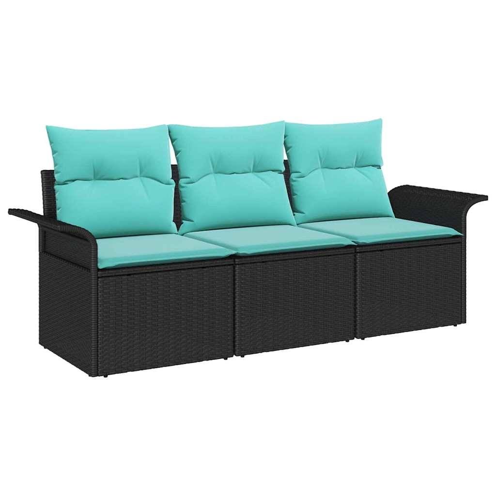 vidaXL Garten-Sofa-Set mit Kissen 3 pcs Schwarz Poly Rattan