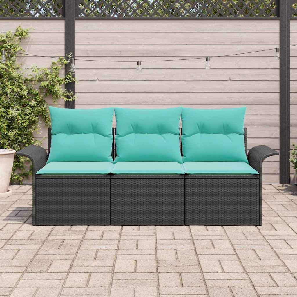 vidaXL Garten-Sofa-Set mit Kissen 3 pcs Schwarz Poly Rattan