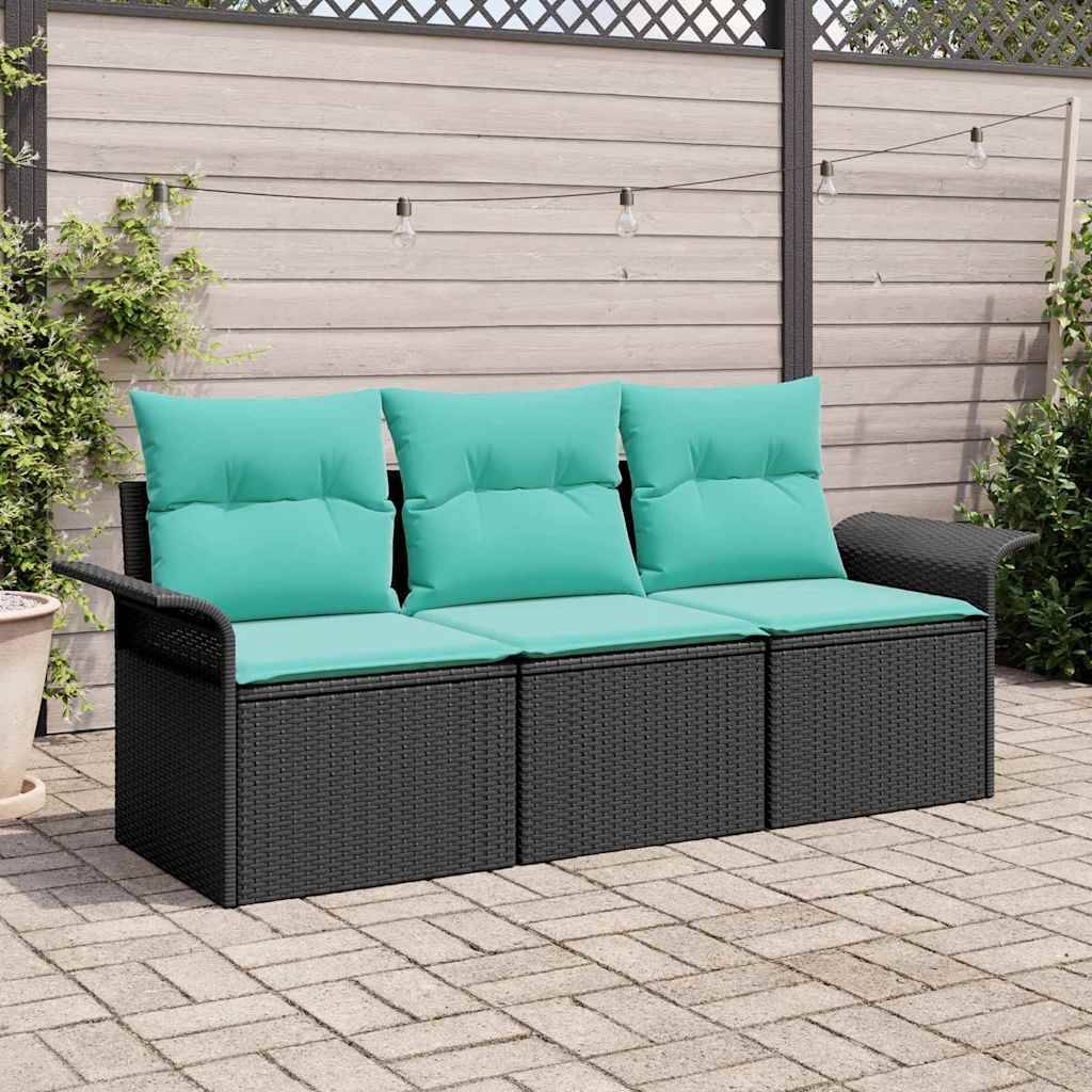 vidaXL Garten-Sofa-Set mit Kissen 3 pcs Schwarz Poly Rattan