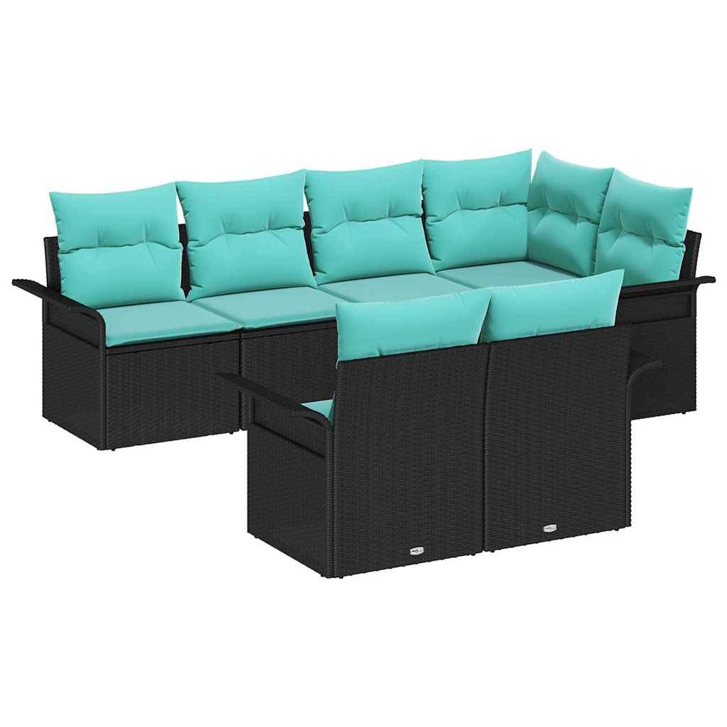vidaXL Garten-Sofa-Set mit Kissen 7 pcs Schwarz Poly Rattan