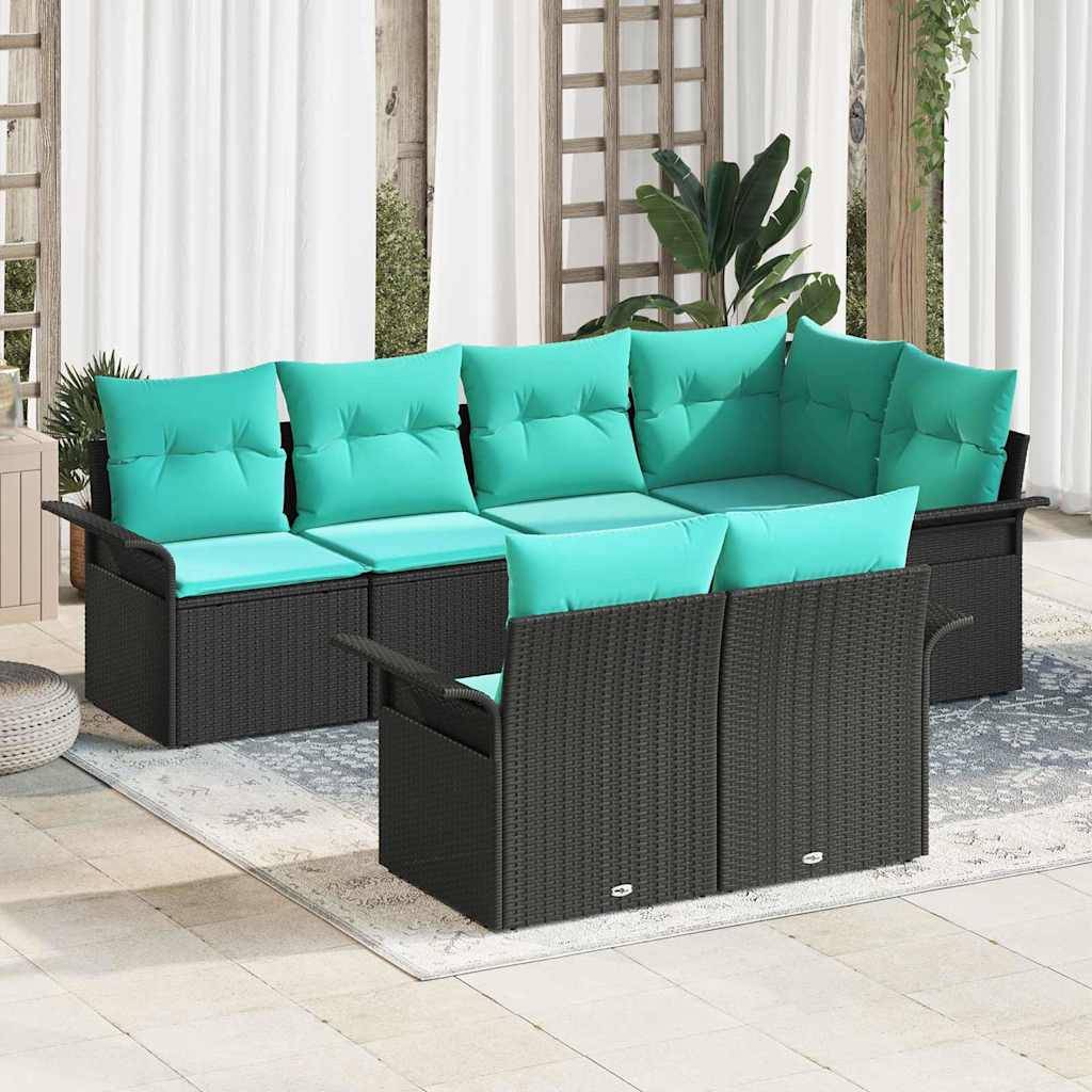 vidaXL Garten-Sofa-Set mit Kissen 7 pcs Schwarz Poly Rattan