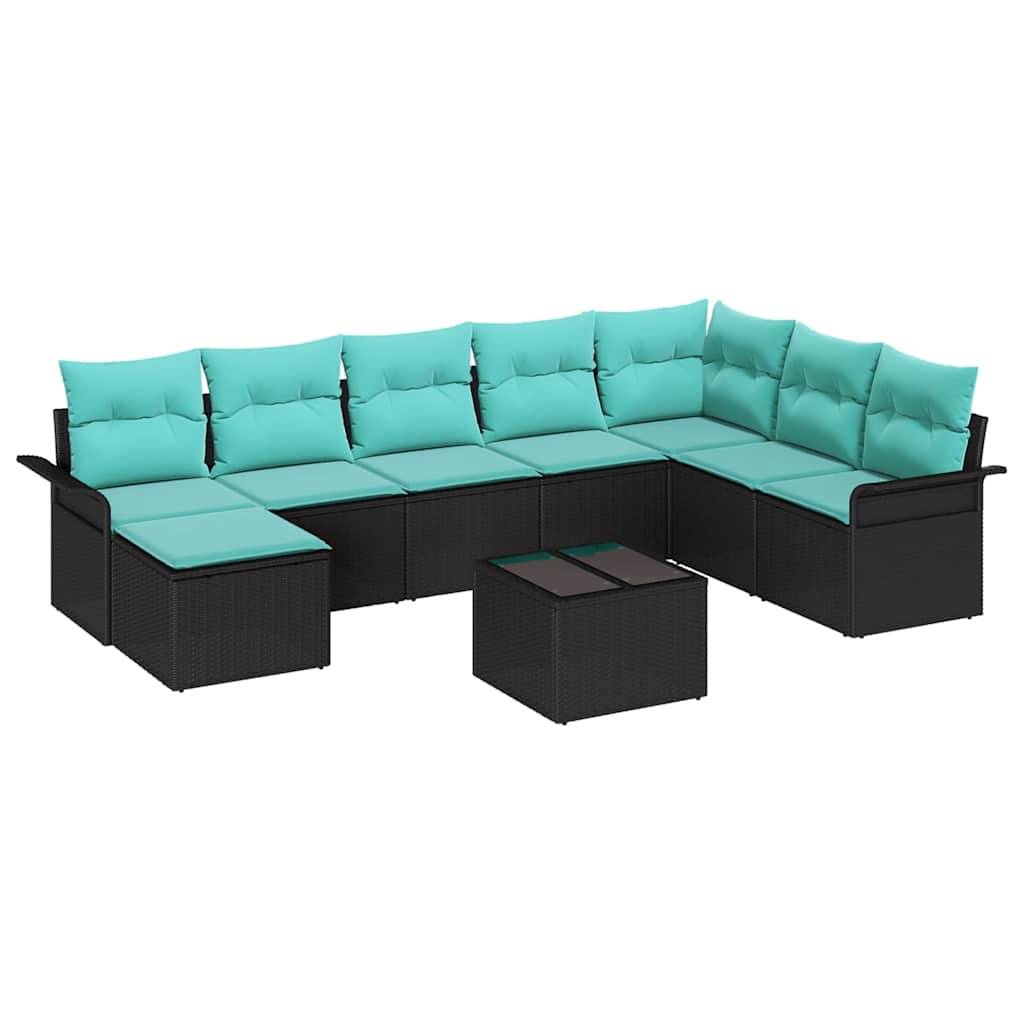 vidaXL Garten-Sofa-Set mit Kissen 9 pcs Schwarz Poly Rattan
