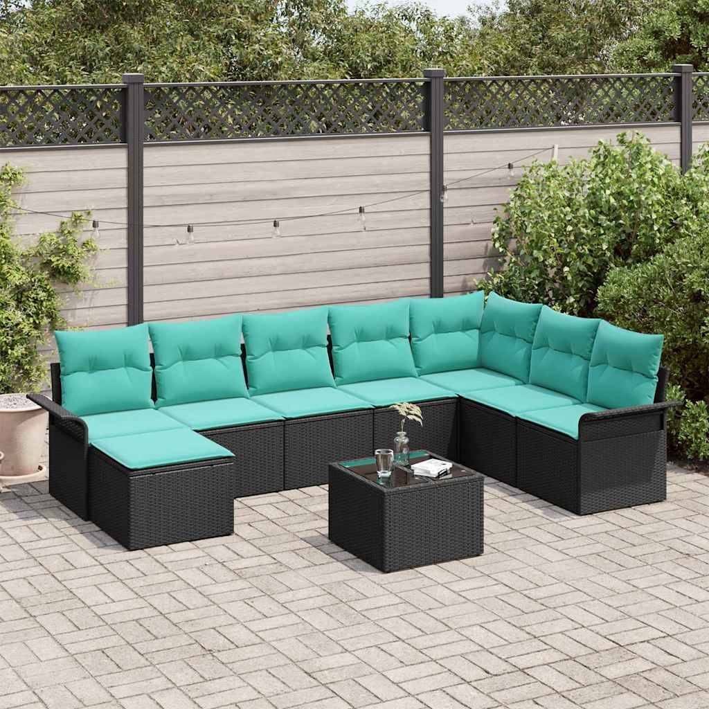 vidaXL Garten-Sofa-Set mit Kissen 9 pcs Schwarz Poly Rattan