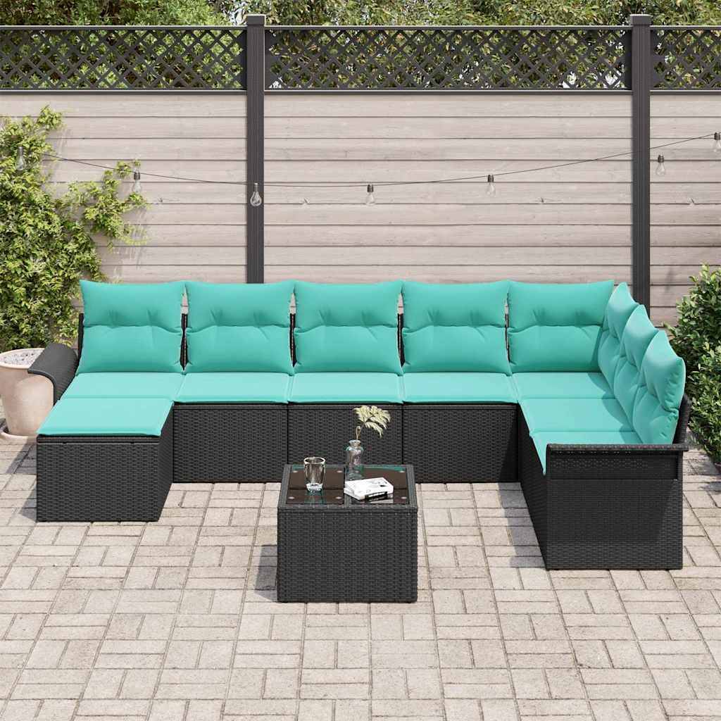 vidaXL Garten-Sofa-Set mit Kissen 9 pcs Schwarz Poly Rattan