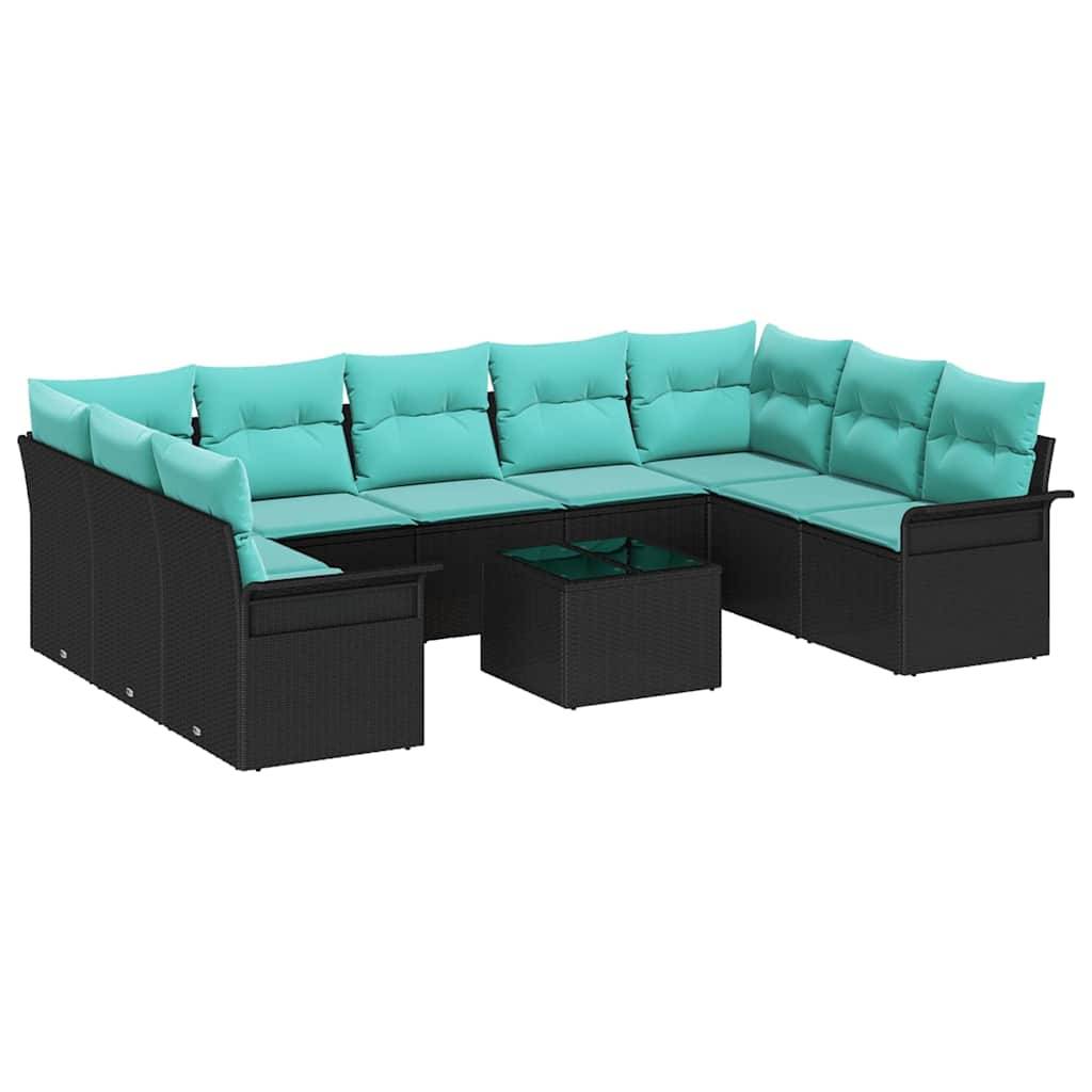 vidaXL Garten-Sofa-Set mit Kissen 10 pcs Schwarz Poly Rattan