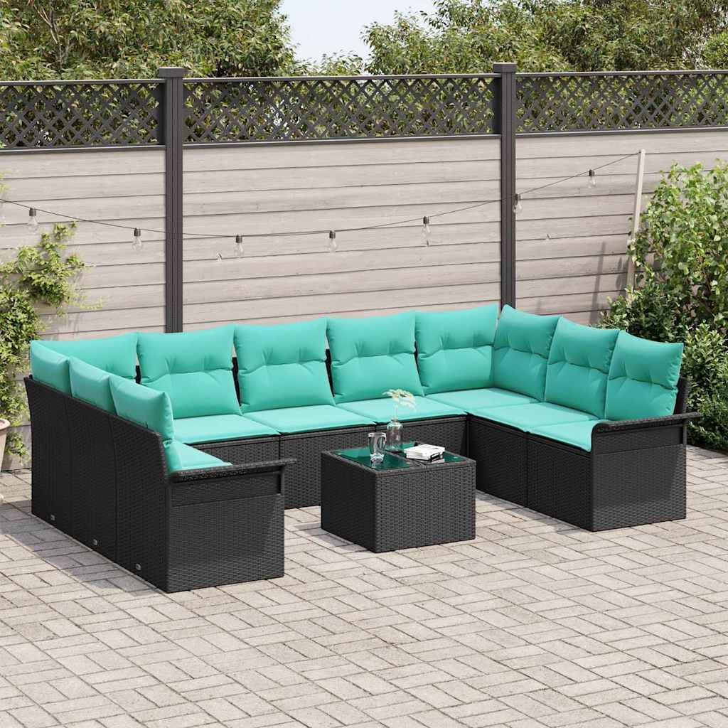 vidaXL Garten-Sofa-Set mit Kissen 10 pcs Schwarz Poly Rattan