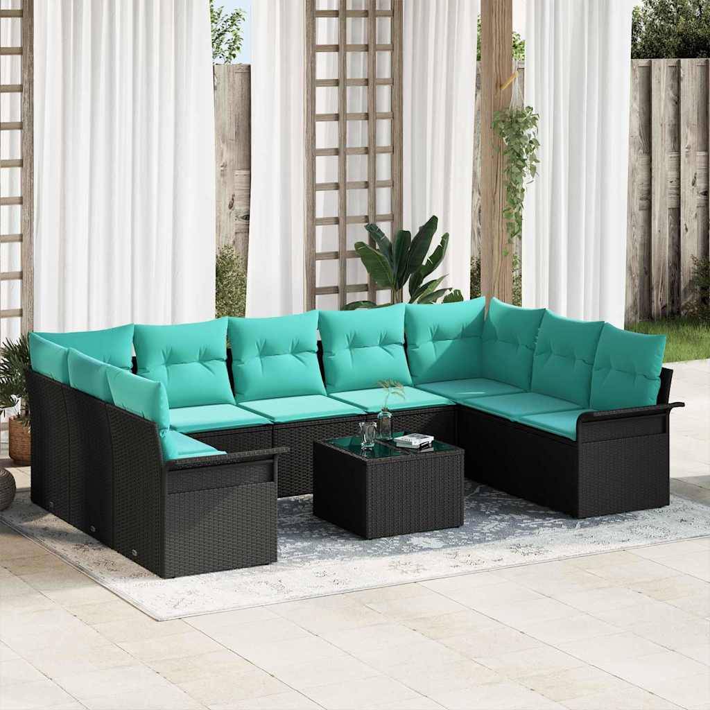 vidaXL Garten-Sofa-Set mit Kissen 10 pcs Schwarz Poly Rattan