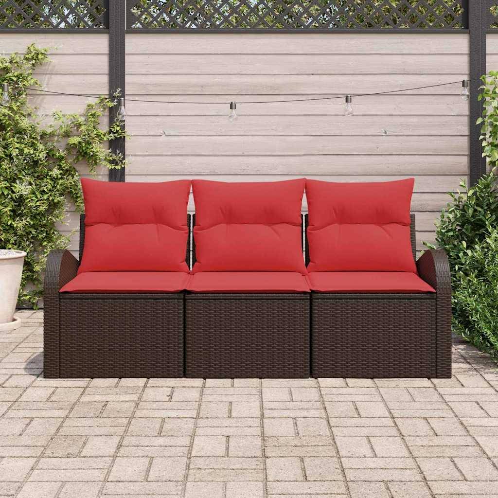 vidaXL Garten-Sofa-Set mit Speicher 3 pcs Braun und Rot Poly Rattan