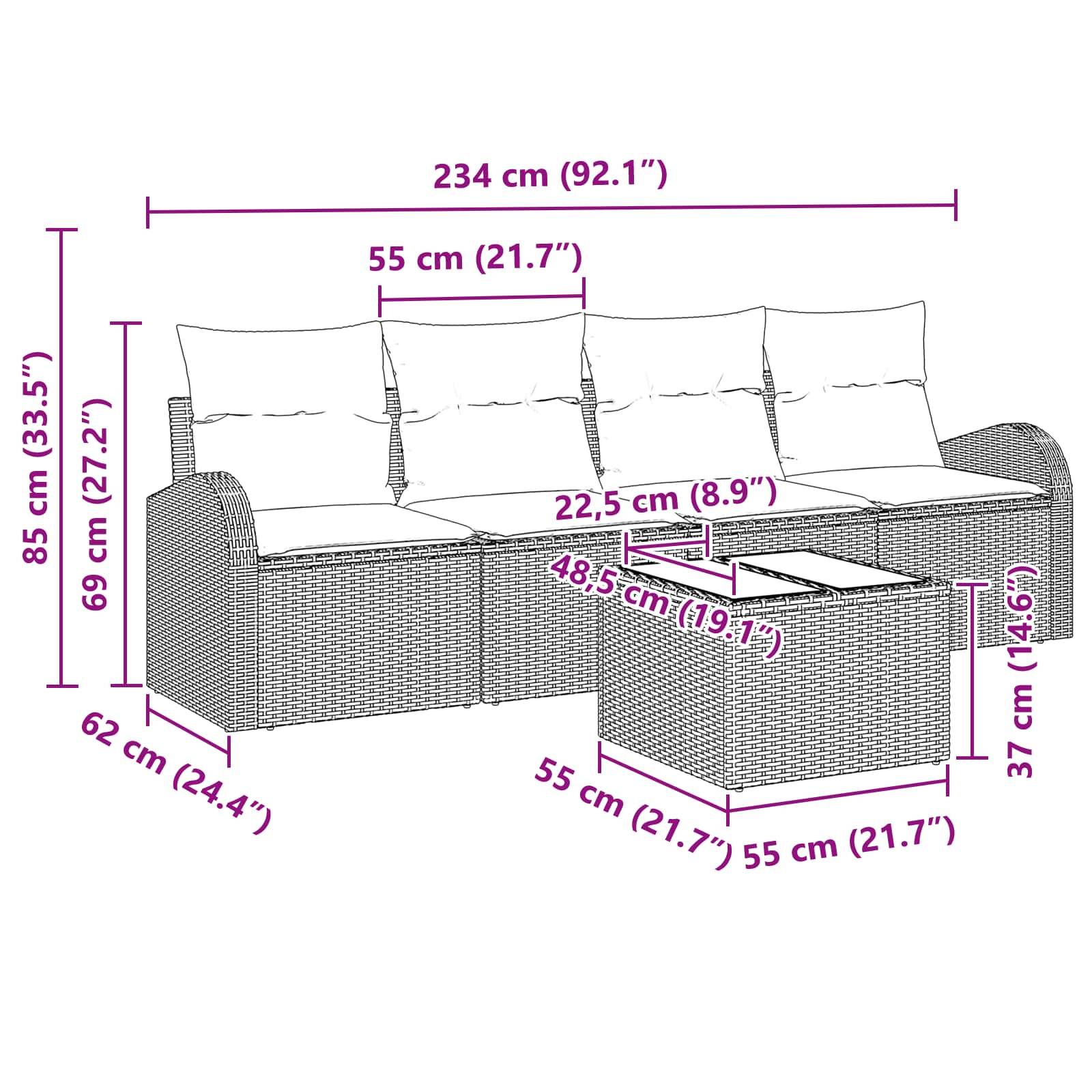 vidaXL Gartensofa-set Braun 55 x 55 x 37 cm Poly-Rattan