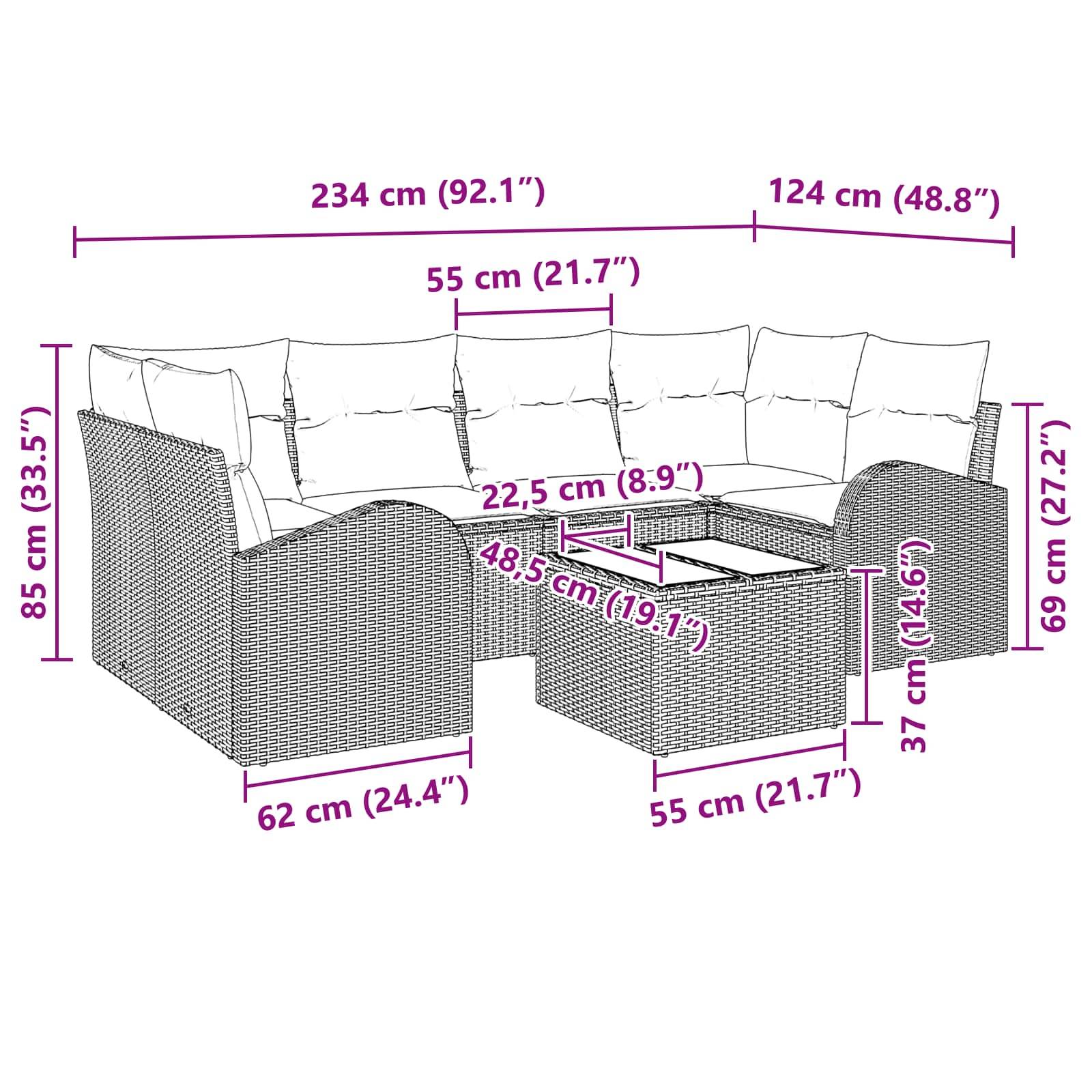 vidaXL Gartensofa-set mit Kissen 7 pcs Schwarz und Türkis Poly-Rattan