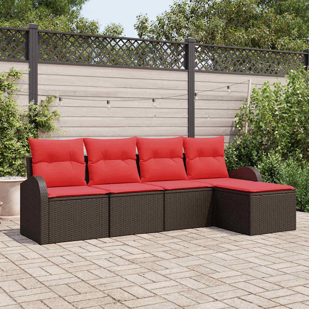 vidaXL Sofa Set mit Kissen 5 pcs Braun und Rot Poly-Rattan