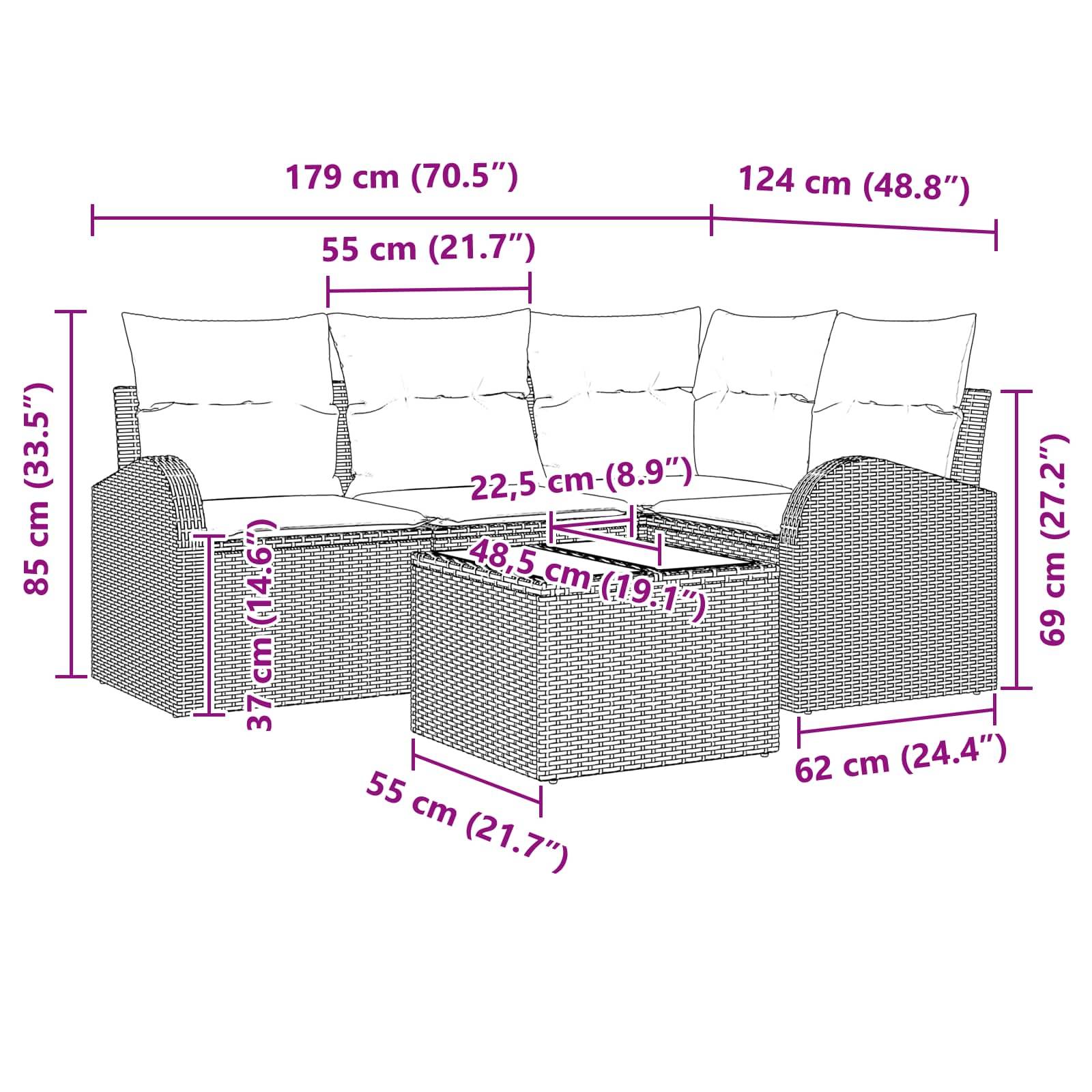 vidaXL Gartensofa-set mit Kissen 5 pcs Schwarz und Türkis Poly-Rattan