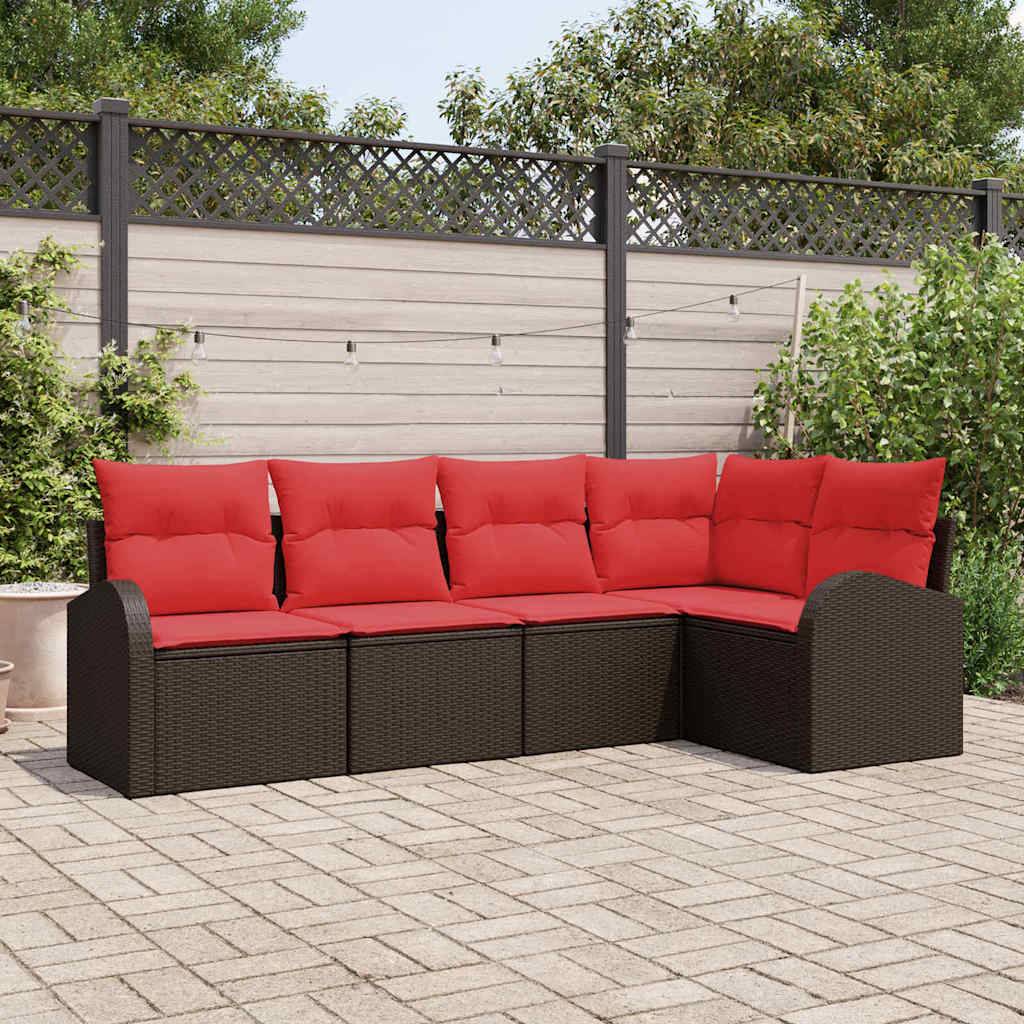 vidaXL Gartensofa-set mit Kissen 5 pcs Braun und Rot Poly-Rattan