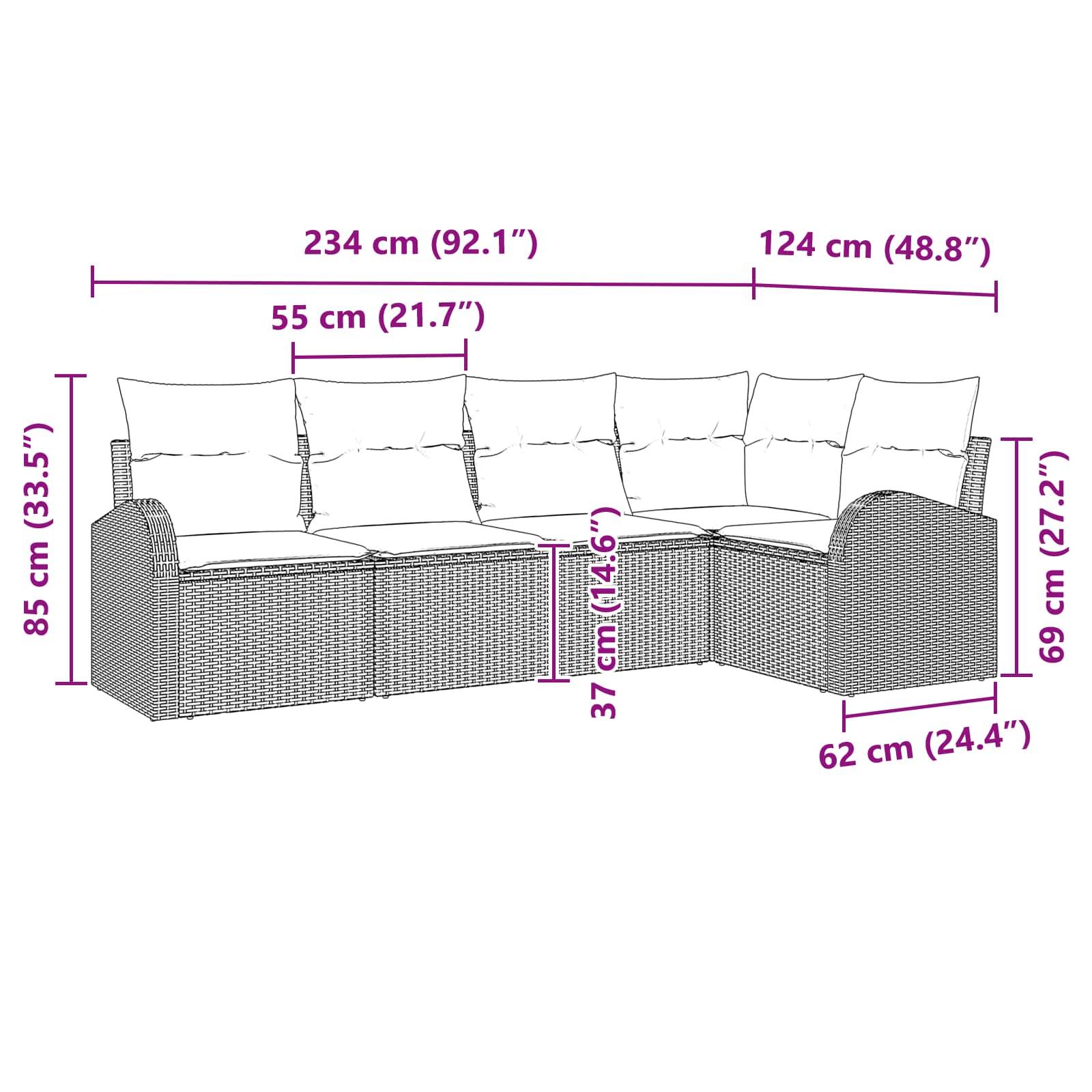 vidaXL Gartensofa-set mit Kissen 5 pcs Braun und Rot Poly-Rattan