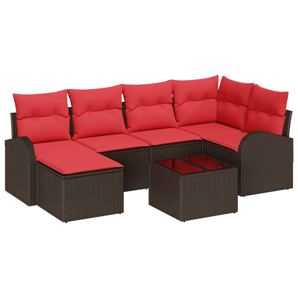 vidaXL Sofa Set mit Kissen 7 pcs Braun und Rot Poly-Rattan