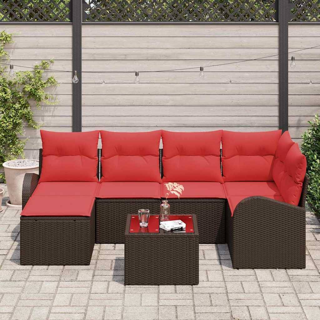 vidaXL Sofa Set mit Kissen 7 pcs Braun und Rot Poly-Rattan