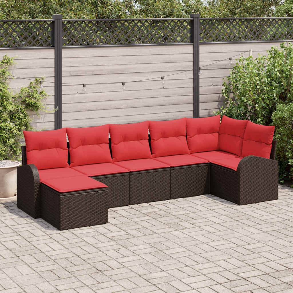 vidaXL Sofa Set mit Kissen 7 pcs Braun und Rot Poly-Rattan